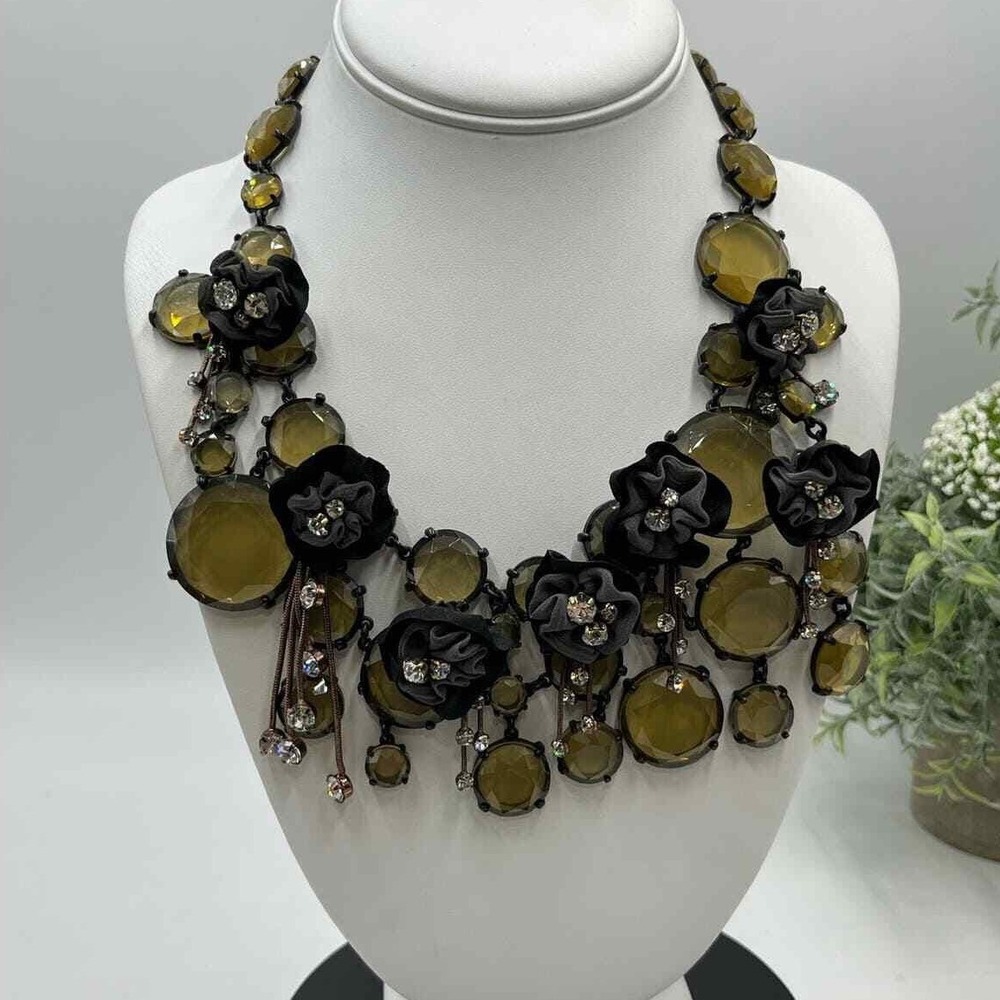 J. Crew Vintage‎ Faceted Topaz Color Rhinestones Fabric Flowers Dangles Necklace